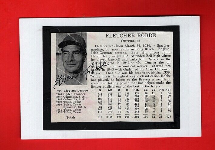 1953 FLETCHER ROBBE-PORTLAND BEAVERS-PCL-RARE AUTOGRAPHED 4X6 Photo Poster painting-d.1959