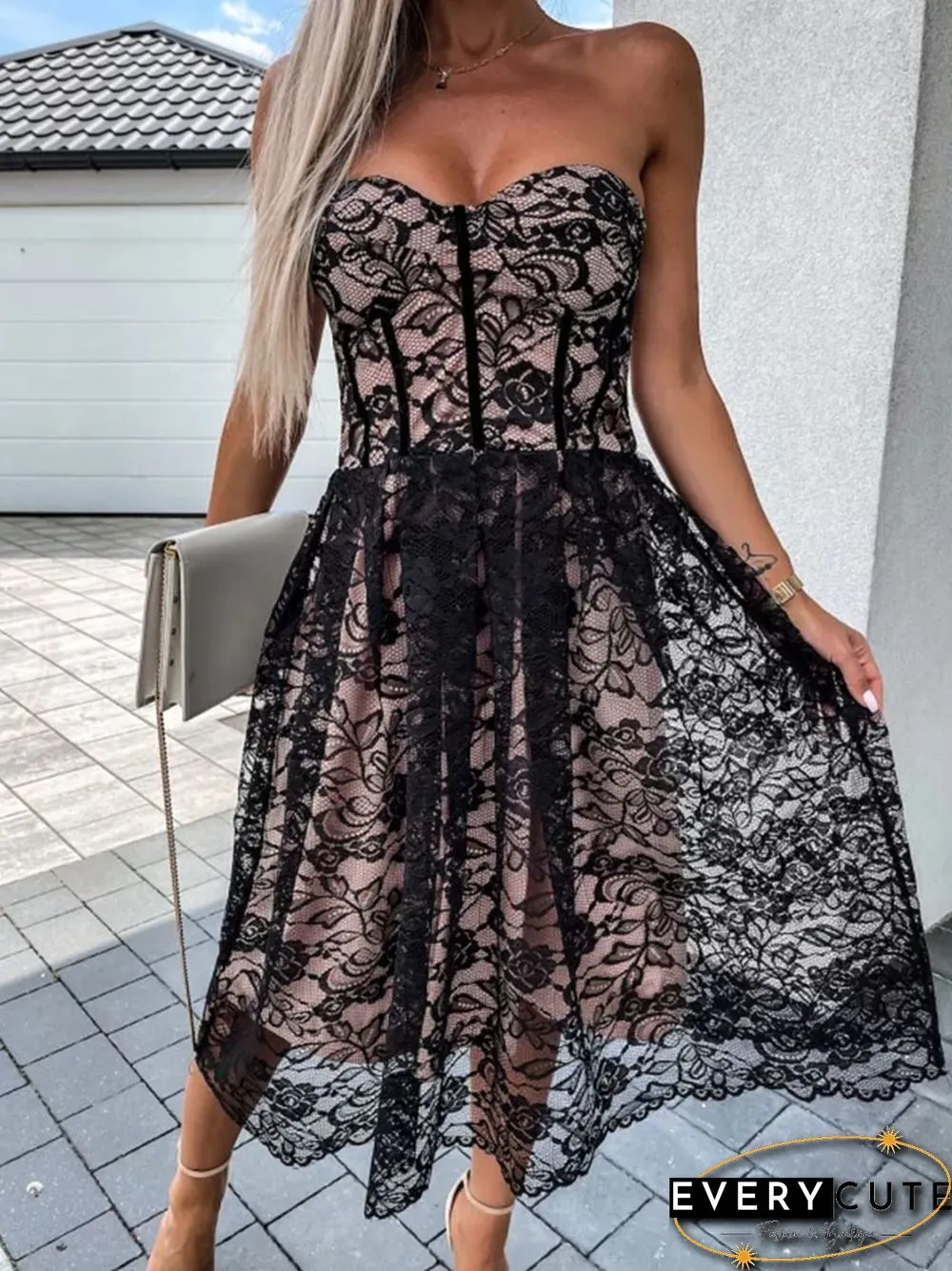 Elegant floral embroidery lace solid long dress women sexy off shoulder strapless waist