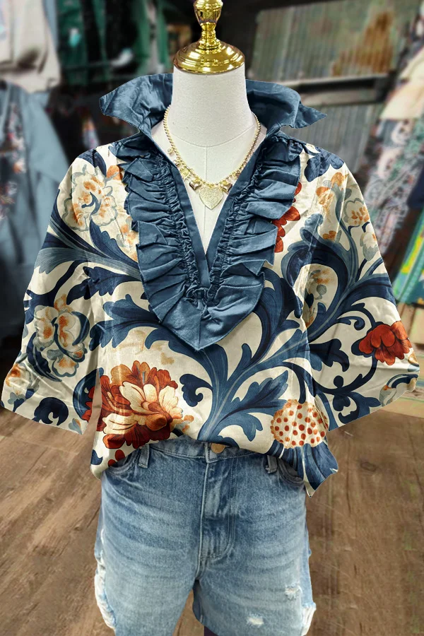 Vintage Floral Print Ruffle V-Neck Top
