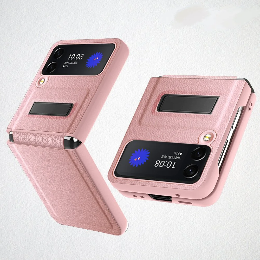 For Samsung Z Flip 3/4 Lychee Pattern Hinge Invisible Kickstand Phone Case