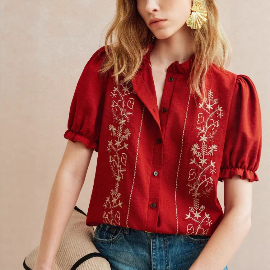 Floral Embroidered Ruffle Collar Puff Short Sleeve Blouse