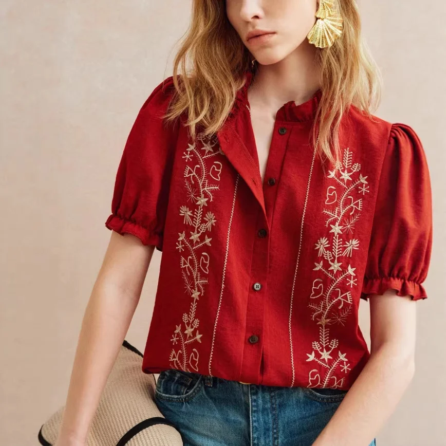 Floral Embroidered Ruffle Collar Puff Short Sleeve Blouse