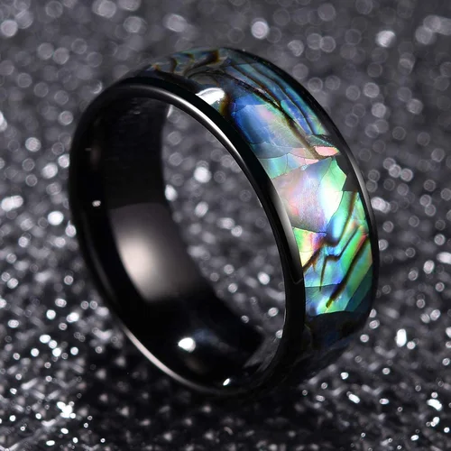 6MM 8MM Tungsten Domed Black Multi Color Rainbow Abalone Shell Inlay Tungsten Carbide Wedding Rings Women Mens