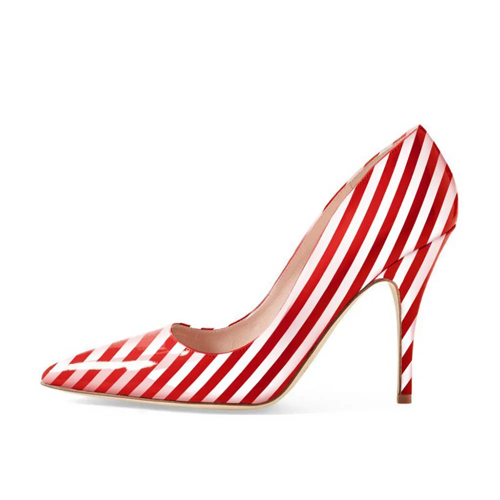 YDN Red & White Stripes Pointed Toe Stiletto Heel Pumps Shoes