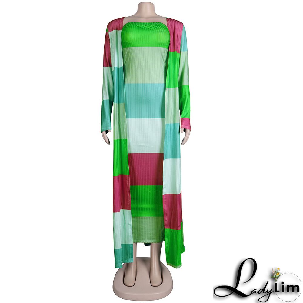 Plus Size Women Ribbed Print Colorblock Dress + Long Coat