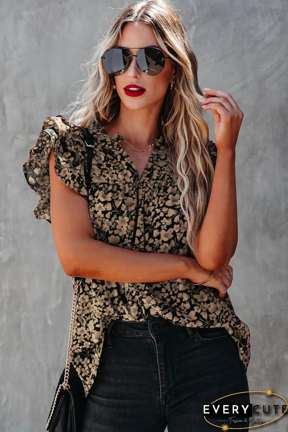 Khaki Floral Print Tiered Flutter Sleeve V Neck Top