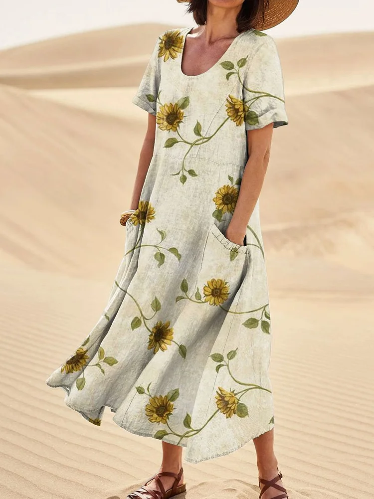 Women's Elegant Flowers Art Print Casual Linen Pocket Dress