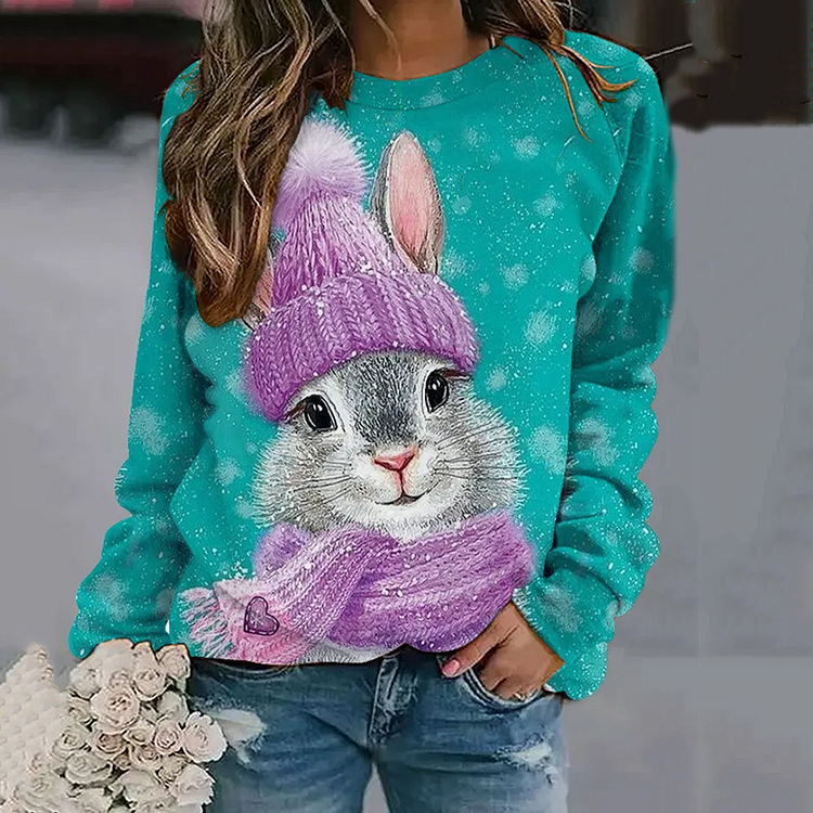 VChics Cute Purple Hat Bunny Print Long Sleeve Sweatshirt