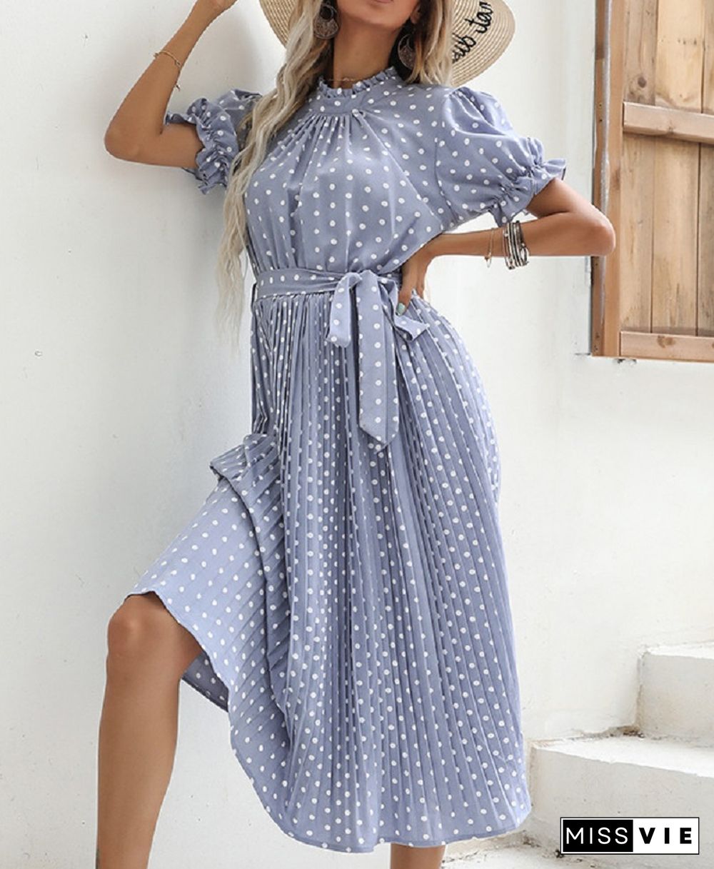 Casual Womens Summer Dress Pleated Short Sleeve New Chic Elegant Fashion Lace-up Polka Dot