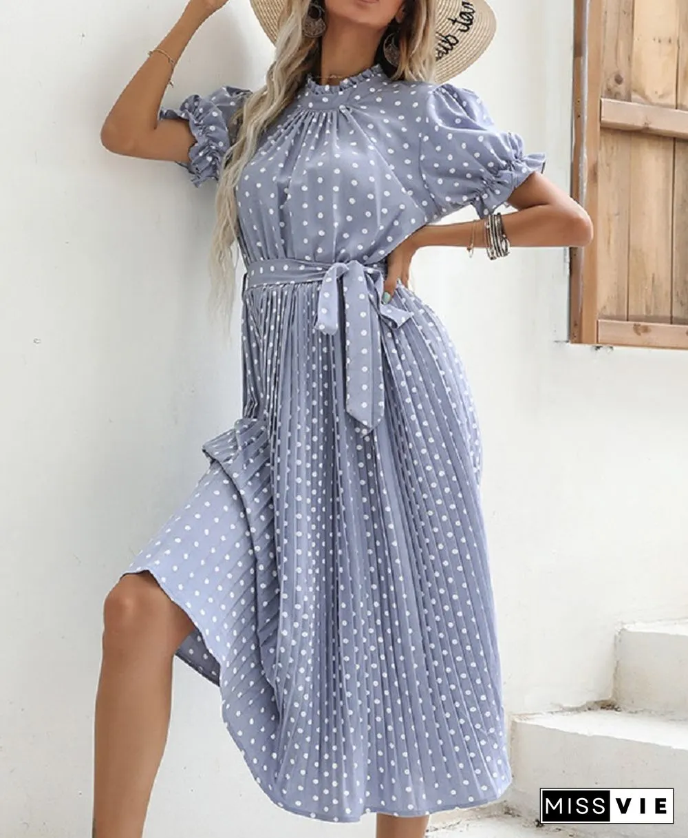 Casual Womens Summer Dress Pleated Short Sleeve New Chic Elegant Fashion Lace-up Polka Dot