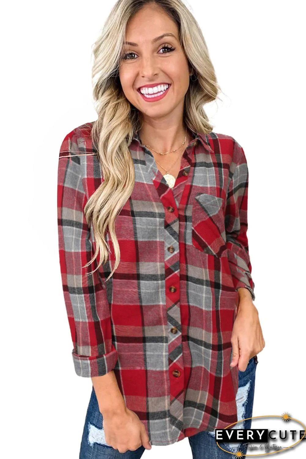 Red Plaid Button Blouse with Pocket