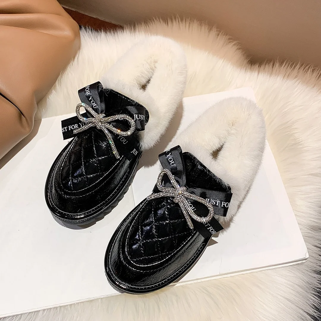Tanguoant Boots 2020 Winter New Rhinestone Bow Flat-bottomed Fashion Korean Version Cover Foot Students Maomao Cotton Shoes