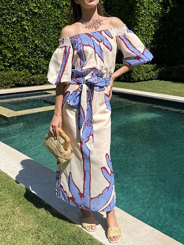 NEW🔥 Linen Tie Bubble Sleeve Printed Dress
