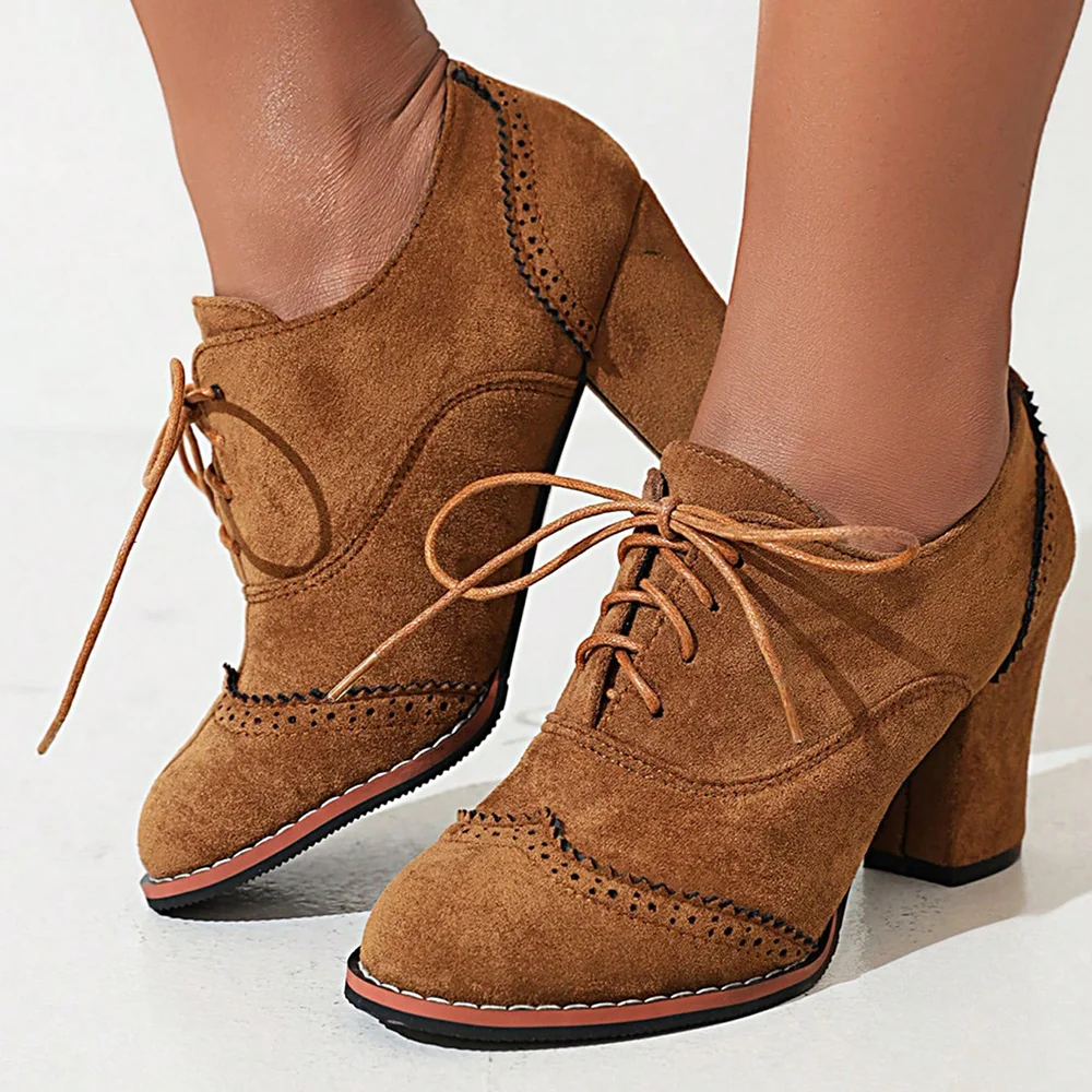 Brown Suede Closed Round Toe Lace Up Oxford Shoes With Chunky Heels Nicepairs