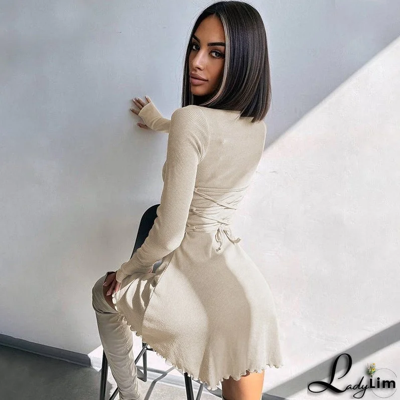 Minimalist Solid Color Dress with Back Lace-Up Waist Control