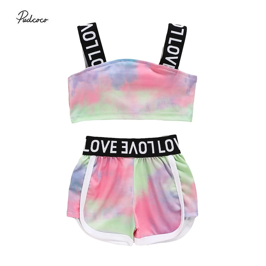 Infant Kids Girls 2 PCS  Tie-dye Outfit Summer Tie Dyeing Love Letter Sling Straps Short Top Short Patchwork Pants Set