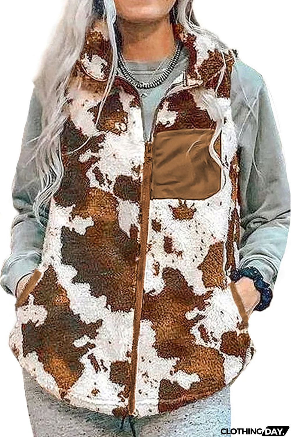 Cow Pocket Zipper Plush Warm Sleeveless Vest Coat