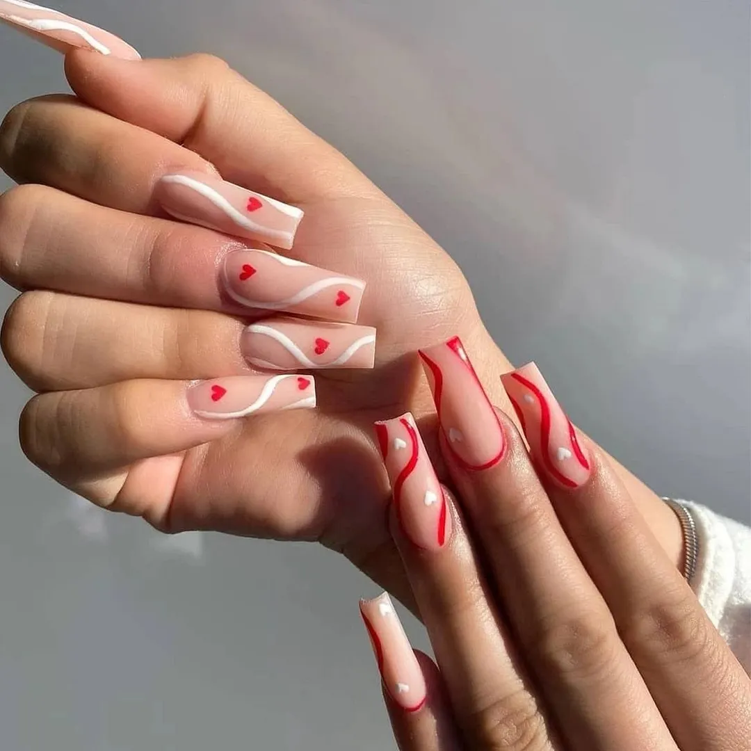 24pcs Rose Pattern Red Wine False Nail Fake Nails Coffin Glossy Press On Nails False Girls Ballerina full cover Fingernails Tips-Nail Inspo