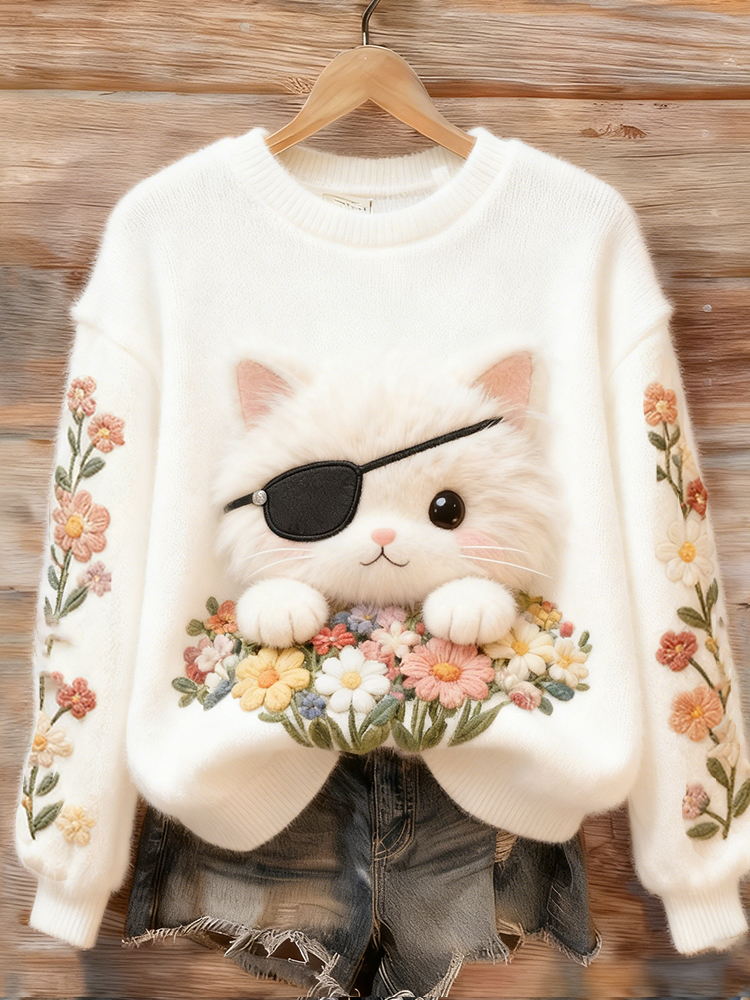 Eye Mask Cat Floral Flannel Crewneck Sweatshirt elevenforest