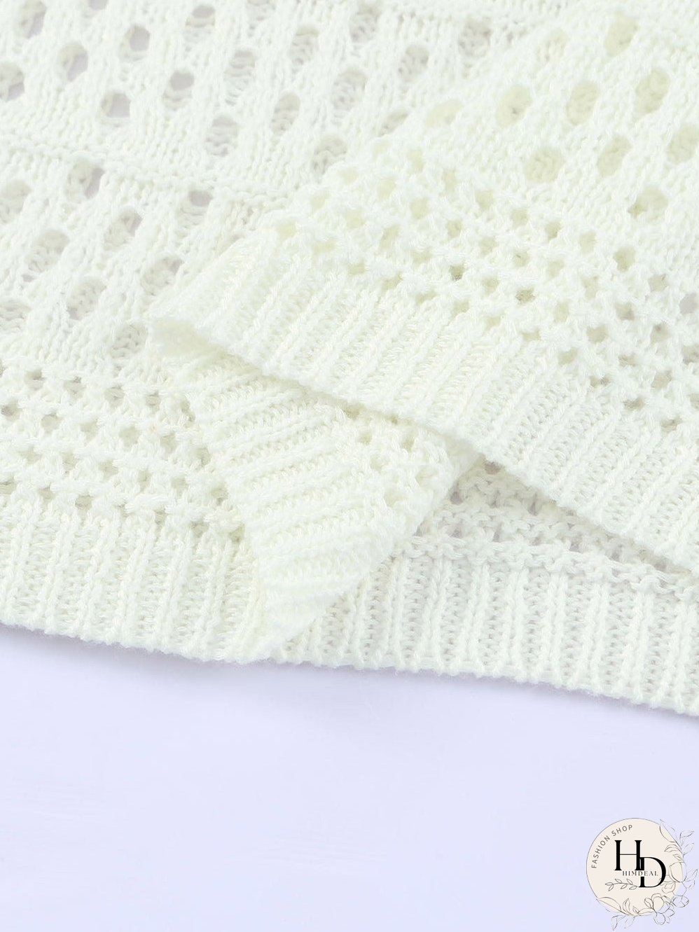 White Crochet V Neck Pullover Sweater with Hollow Out Detail