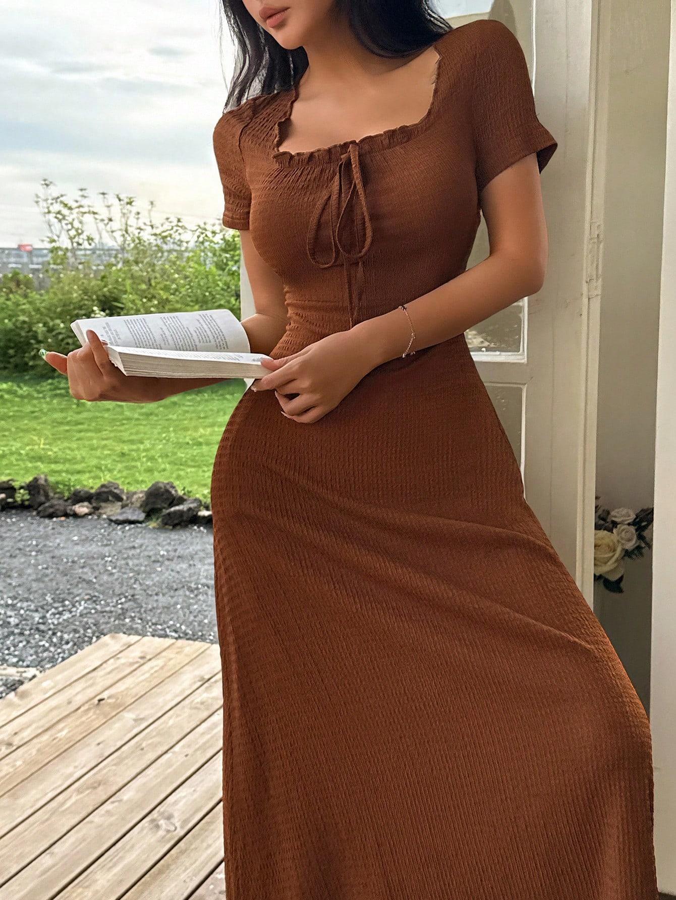 Women's Casual Solid Color Jacquard Gathered Ruffle Trim Square Neck Maxi Loungewear Dress Brown Dress Lounge Dress Summer Dress Tie Front Dress Midi Dress