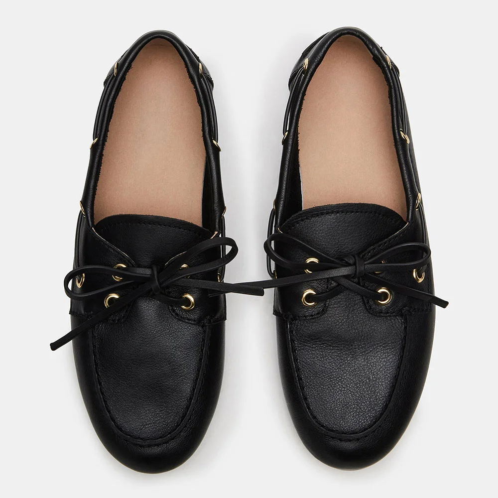 Classic Black Vegan Leather Round Toe Tie-Up Flat Women's Loafers