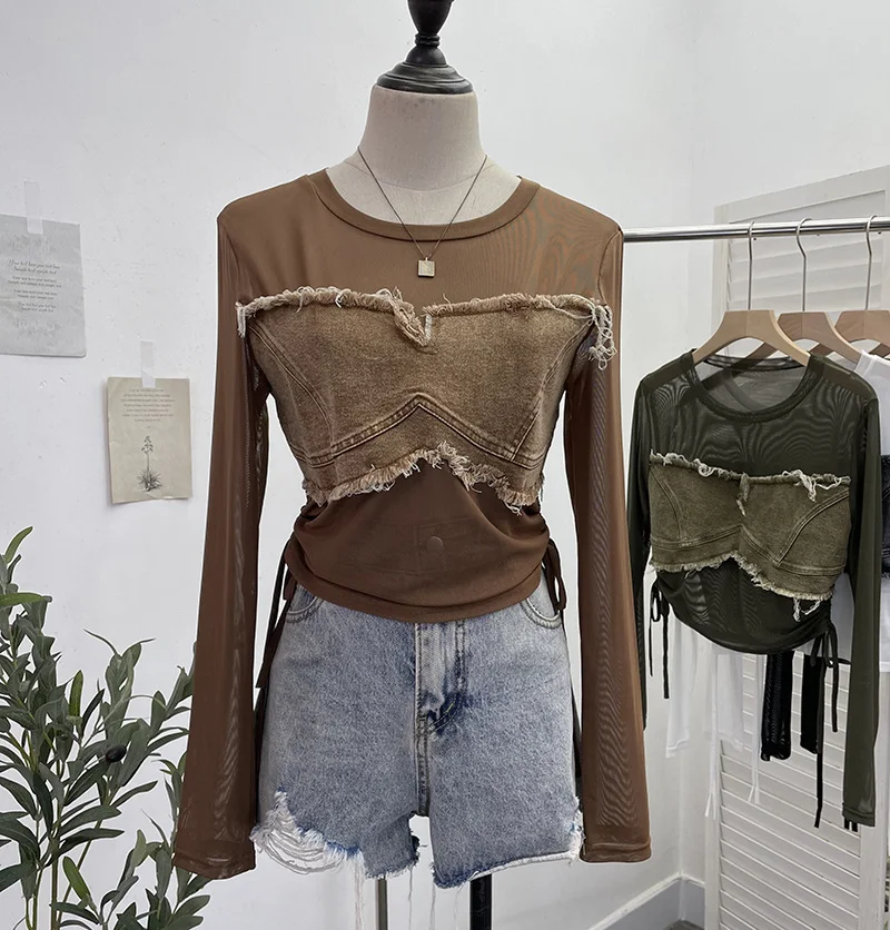 Uveng Vintage Spice Girls Stomee Net Yarn Sexy Perspective Drawstring Long-Sleeved T-Shirt Top 2630