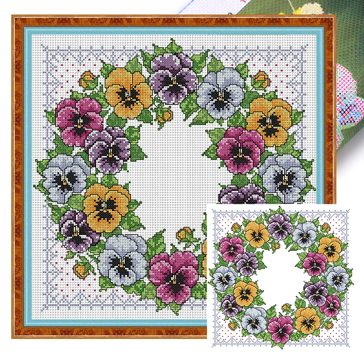 Joy Sunday Pansy Wreath - Printed Cross Stitch 14CT 36*36CM