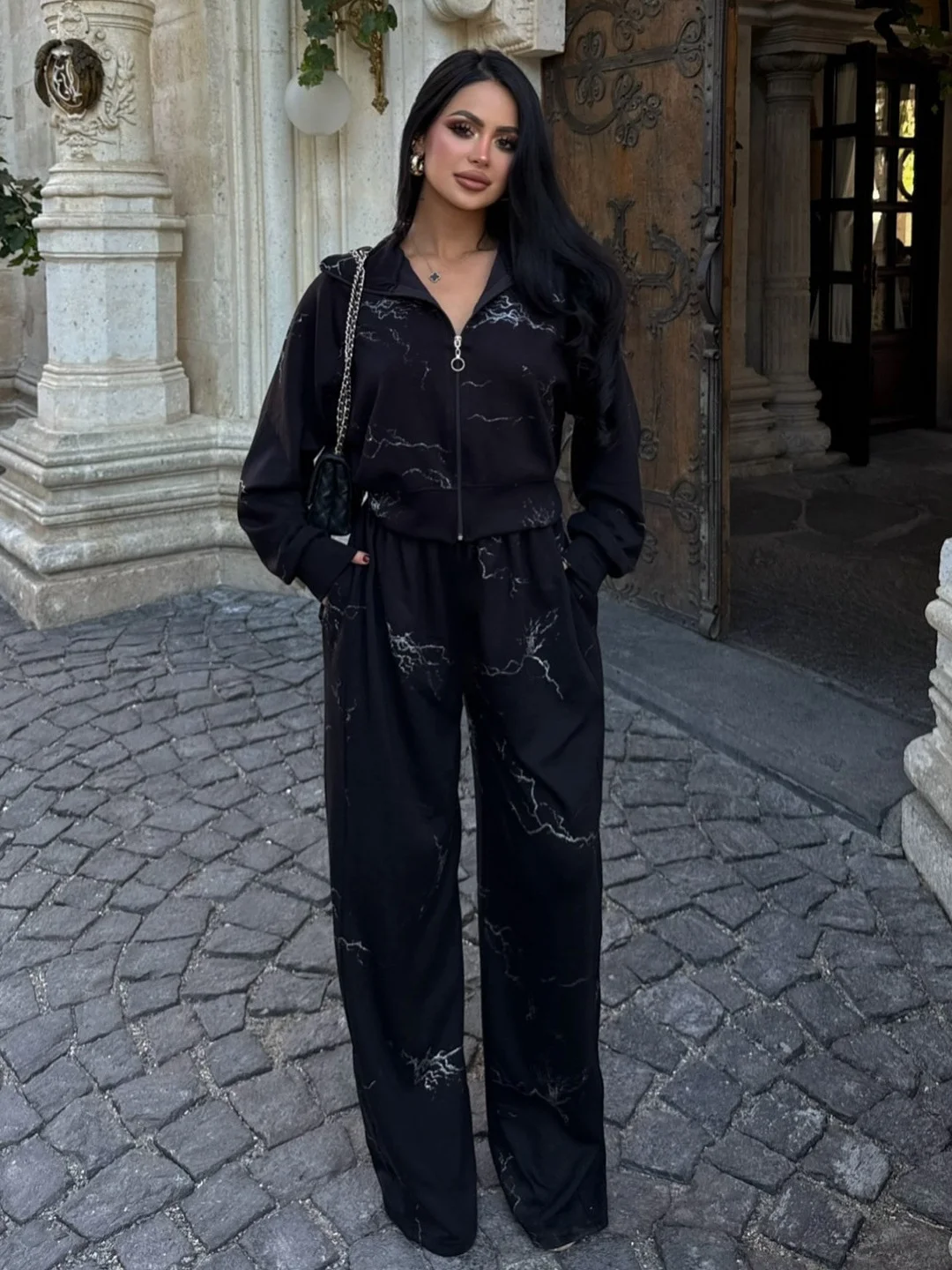 Athvotar Athvotar Push Branch Print Hooded Jacket Set Black And White Optional Loose Version Of Ultra-Comfortable Fashion Woman