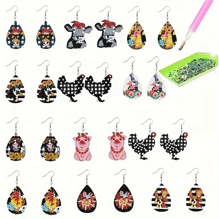 12 Pairs Double Sided Animal Diamond Painting Earrings Mosaic Drill Earring Kits gbfke