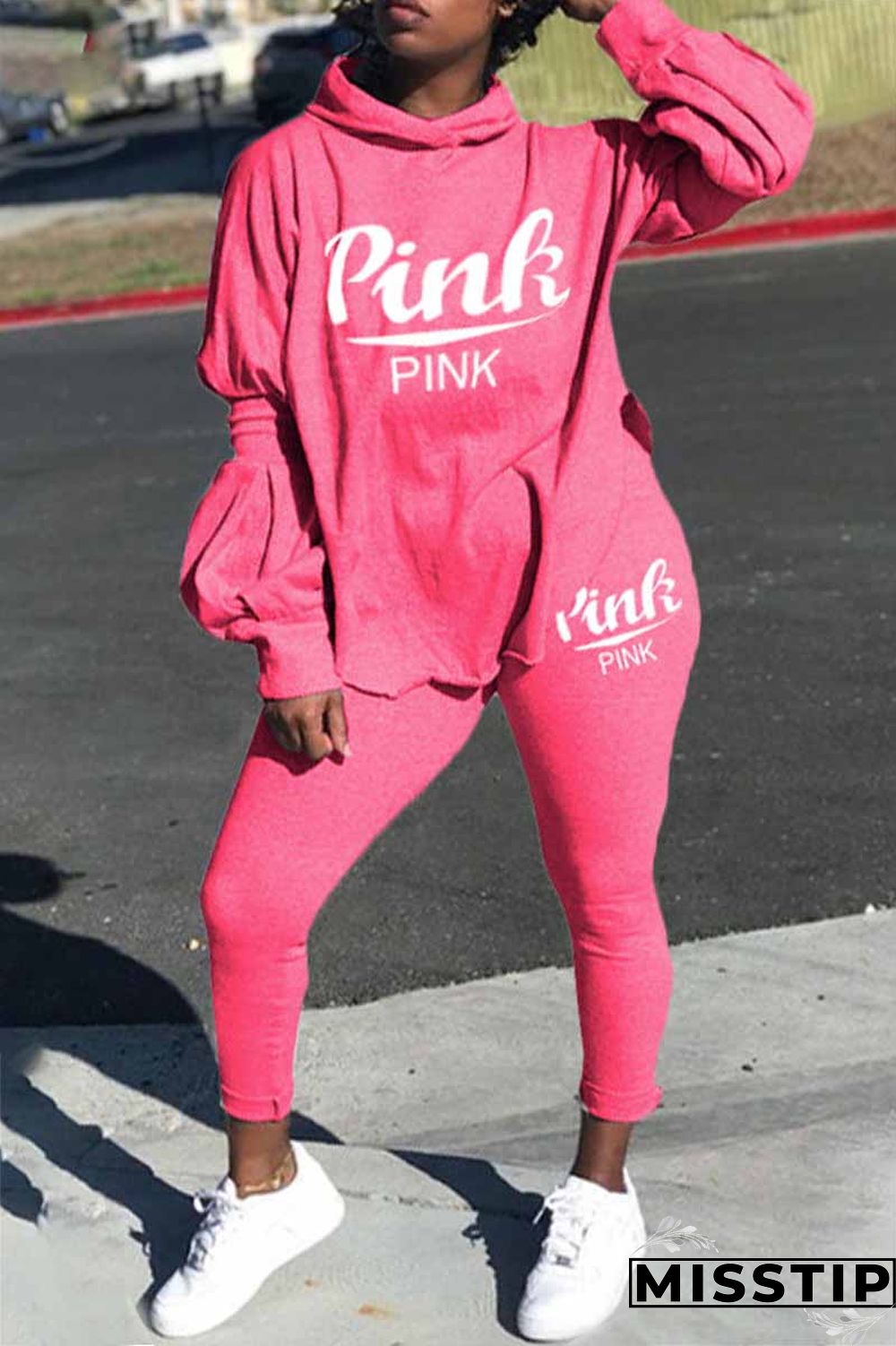 Black Casual Print Letter Hooded Collar Long Sleeve Two Pieces
