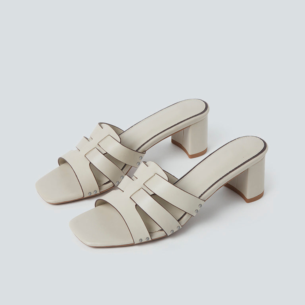 White Square Toe Chunky Heel Mules with Studs Nicepairs