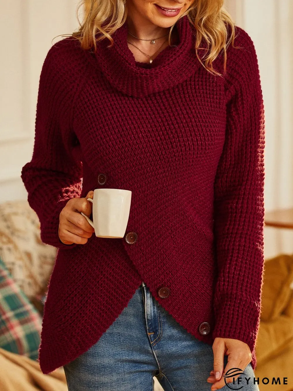 Solid Cowl Neck Long Sleeve Casual Sweater | IFYHOME