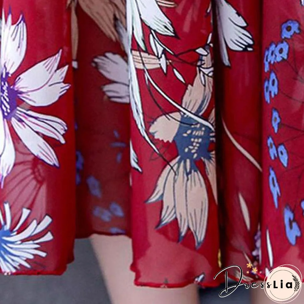 Fashion Floral Print Slim A-Line Dress Elegant Ladies Long Dress Women V-Neck Short Sleeve Chiffon Party Dresses