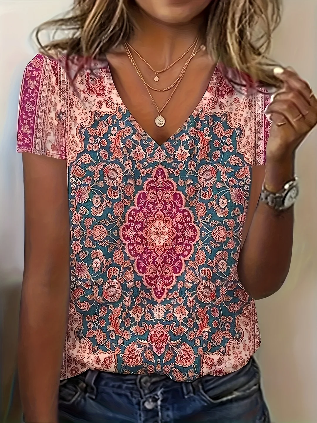 Elegant Teal Blue & Green Mandala Vintage Floral Print V-Neck T-Shirt For Women | Plus Size, Short Sleeve, Polyester Blend, Machine Washable | IFYHOME
