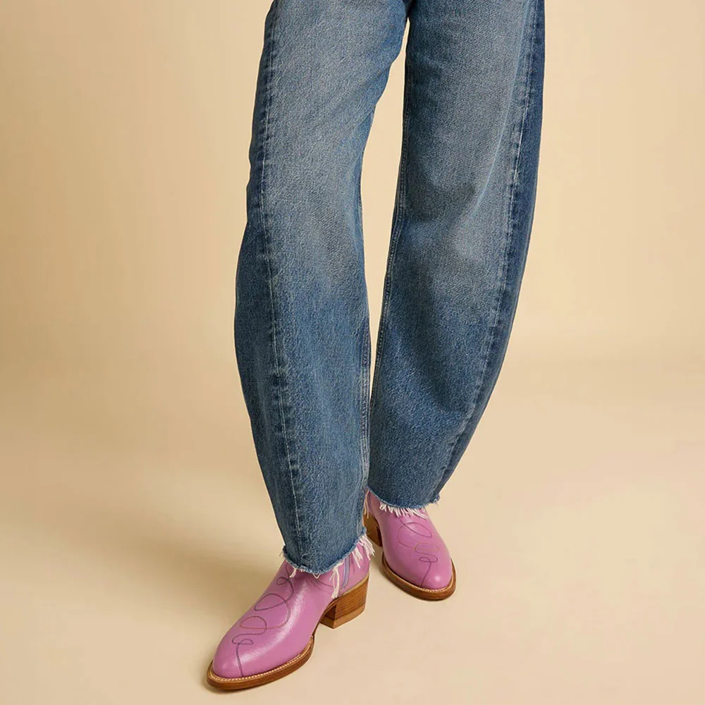 Orchid Purple Mid Block Heel Stitching Western Boots for Women