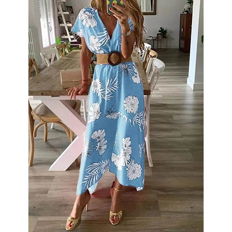 Casual V Neck Printed Short Sleeve Maxi Dress P110152