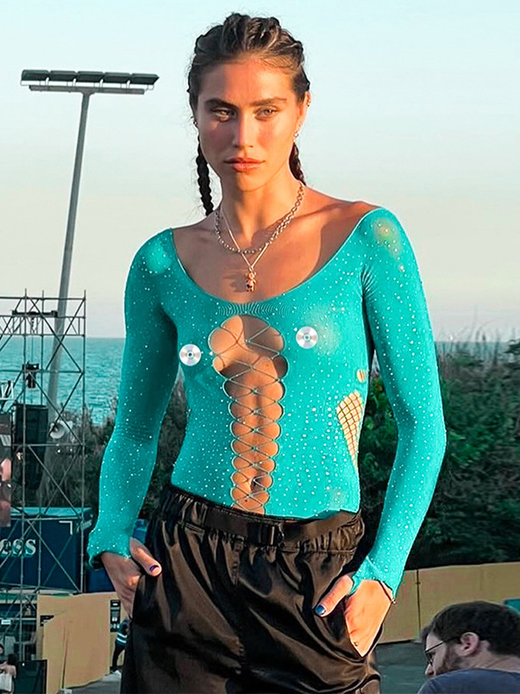 See Through Sparkly Mesh Bodysuit Women Long Sleeve Rhinestone Body Tops Hot Drill Female Party Nightclub Sexy Lingerie