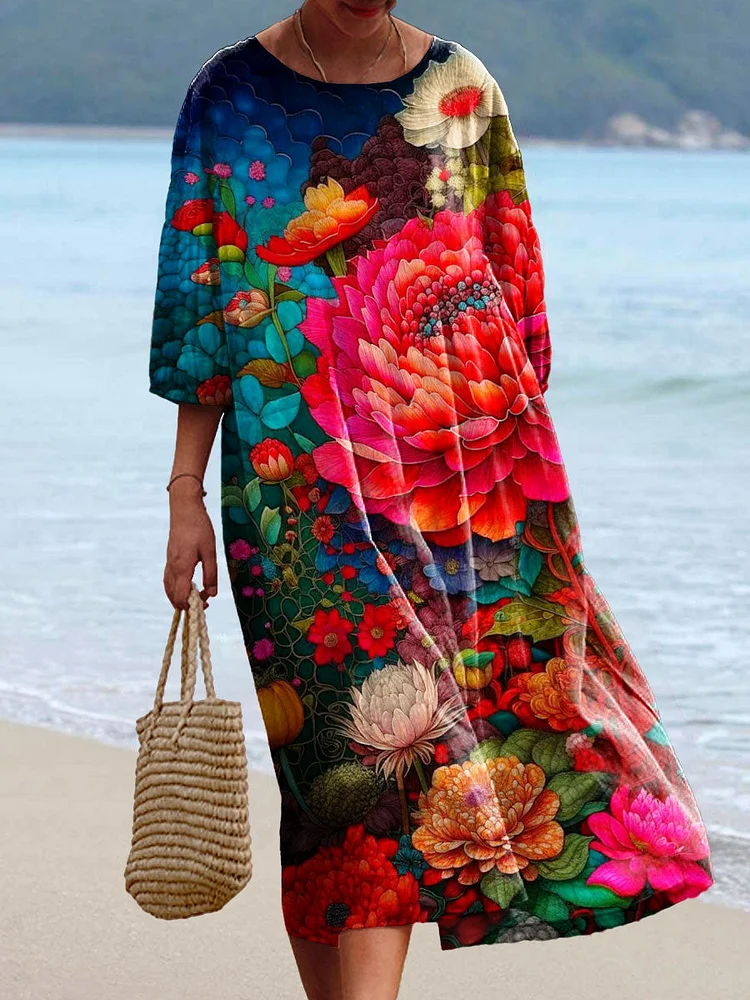 Women's Vintage Flowers Art Print Flowy Cotton Crew Neck Dress