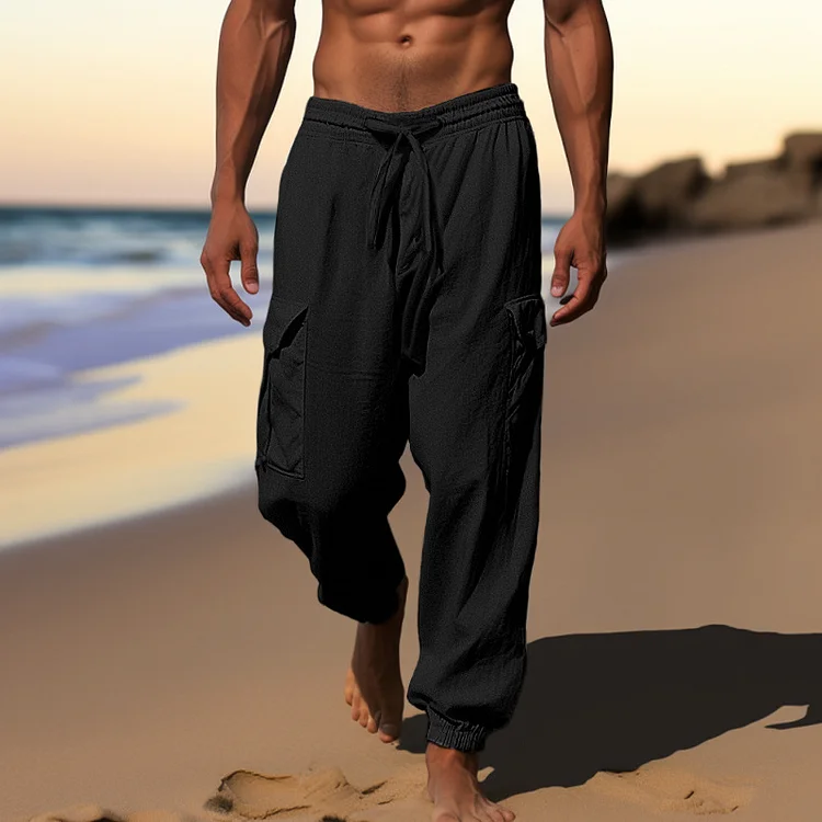 Men'S Vintage Solid Color Casual Cuffs Multi-Pocket Drawstring Trousers