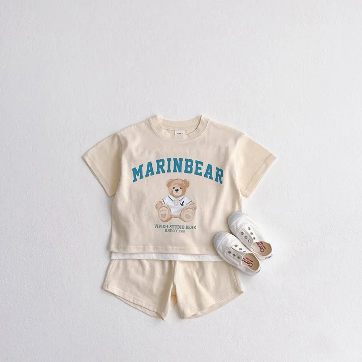 2pcs Baby Toddler Boy/Girl Bear & Letter Print Short Sleeve T-Shirt and Solid Color Shorts Set