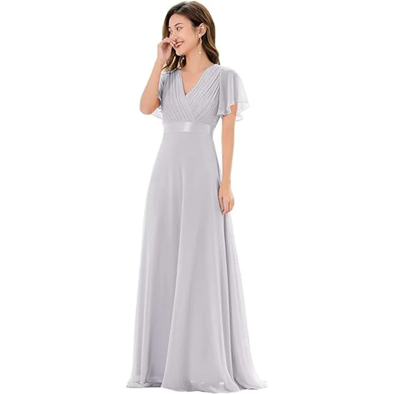 Uveng Uveng Sales Of Large Swing V-Neck Dress Chiffon Elastic Banquet Festival Annual Bridesmaid Performance Evening Dress Woman
