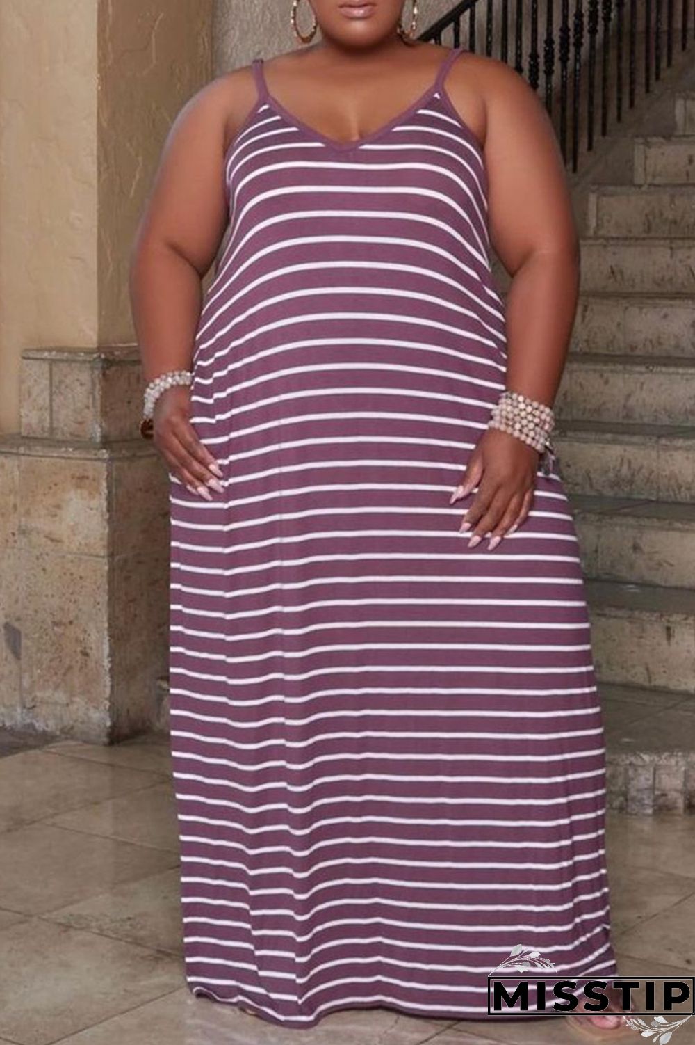 Deep Blue Sexy Casual Striped Print Basic Spaghetti Strap Long Dress Plus Size Dresses
