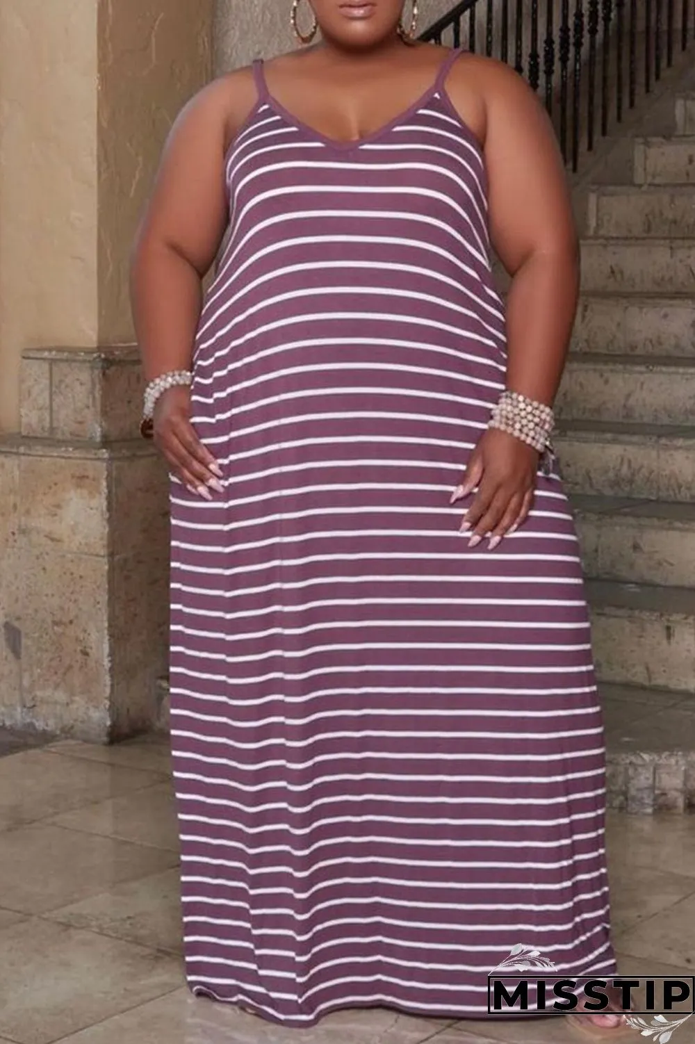 Deep Blue Sexy Casual Striped Print Basic Spaghetti Strap Long Dress Plus Size Dresses