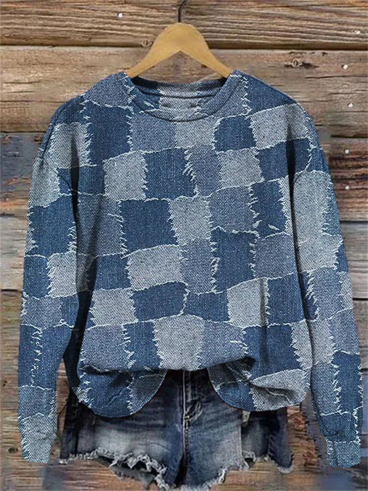 VChics Western Denim Patchwork Pattern Cozy Sweatshirt
