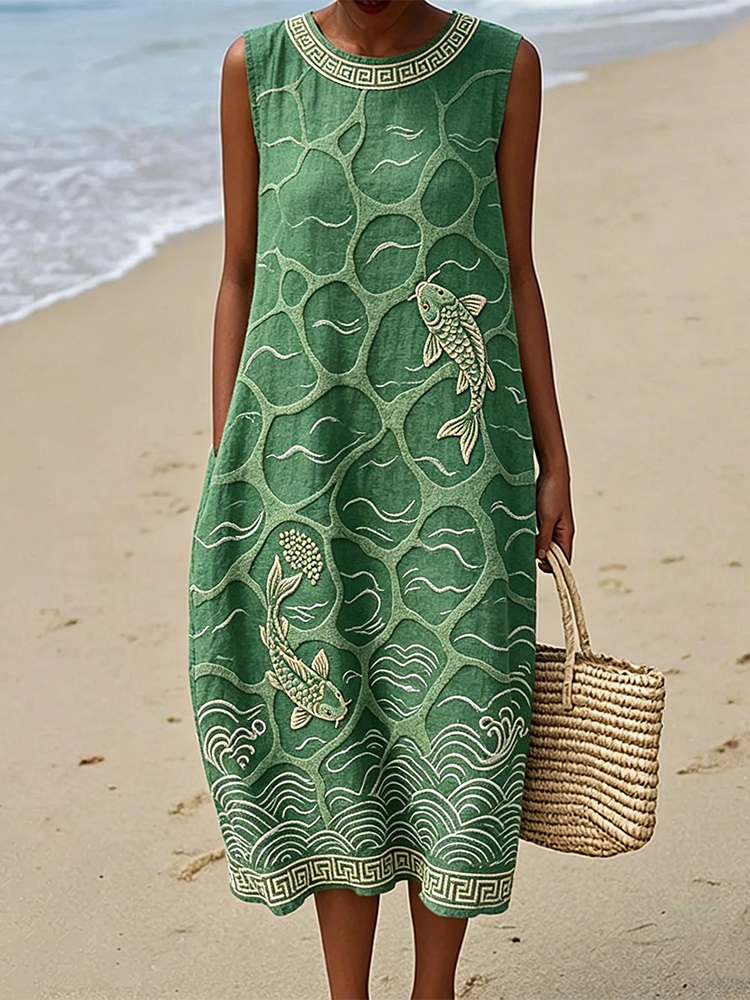 Vintage Koi Fish Art Pattern Flowy Linen Tank Dress wearshes