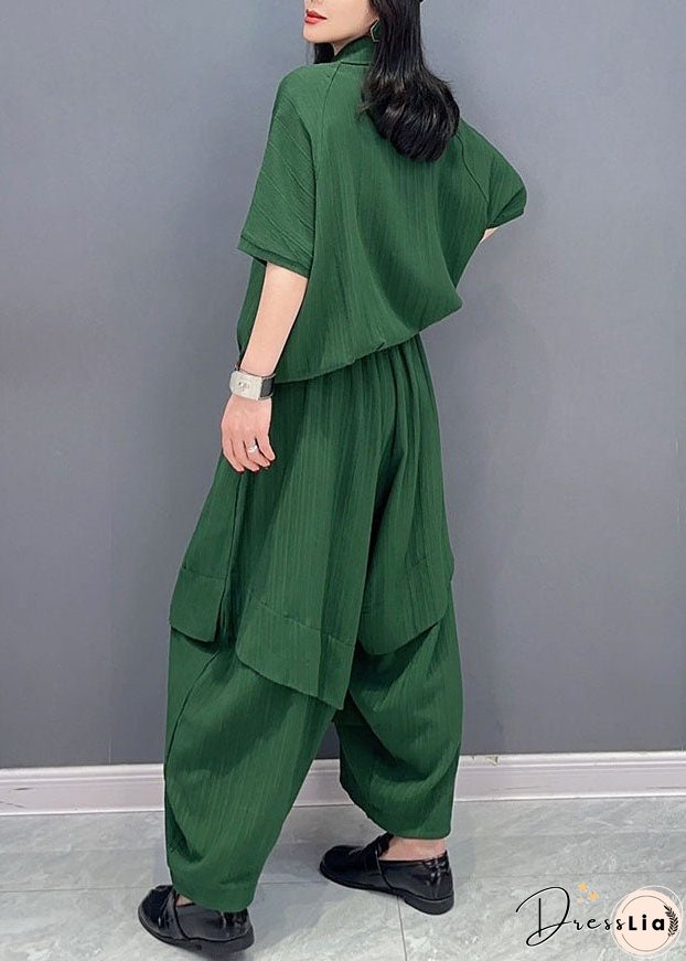Natural Green Peter Pan Collar Patchwork Tops And Pants Cotton Two Pieces Set Spring