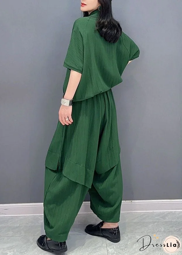 Natural Green Peter Pan Collar Patchwork Tops And Pants Cotton Two Pieces Set Spring