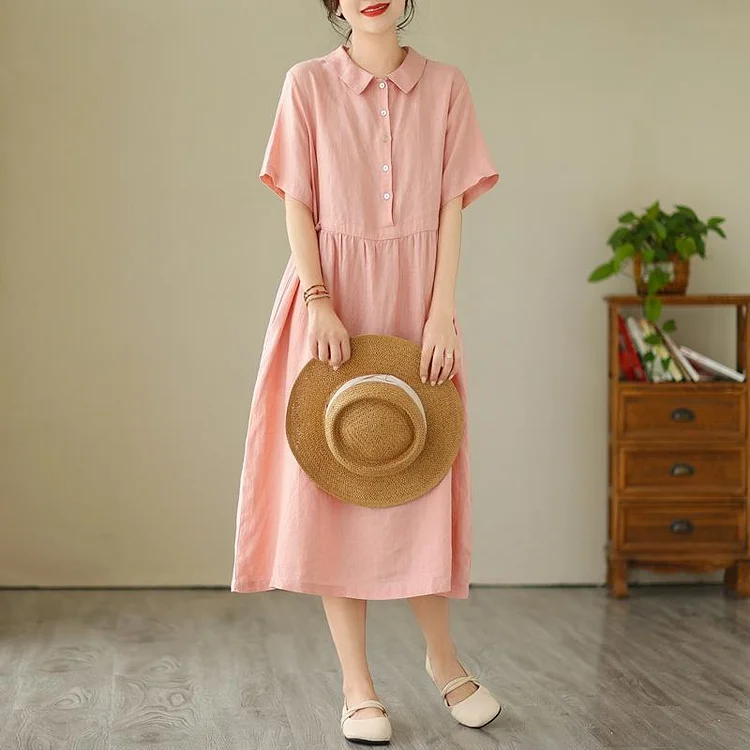 Women's Cotton Linen Dress Crew Neck Short Sleeve Midi Dress Solid Dress