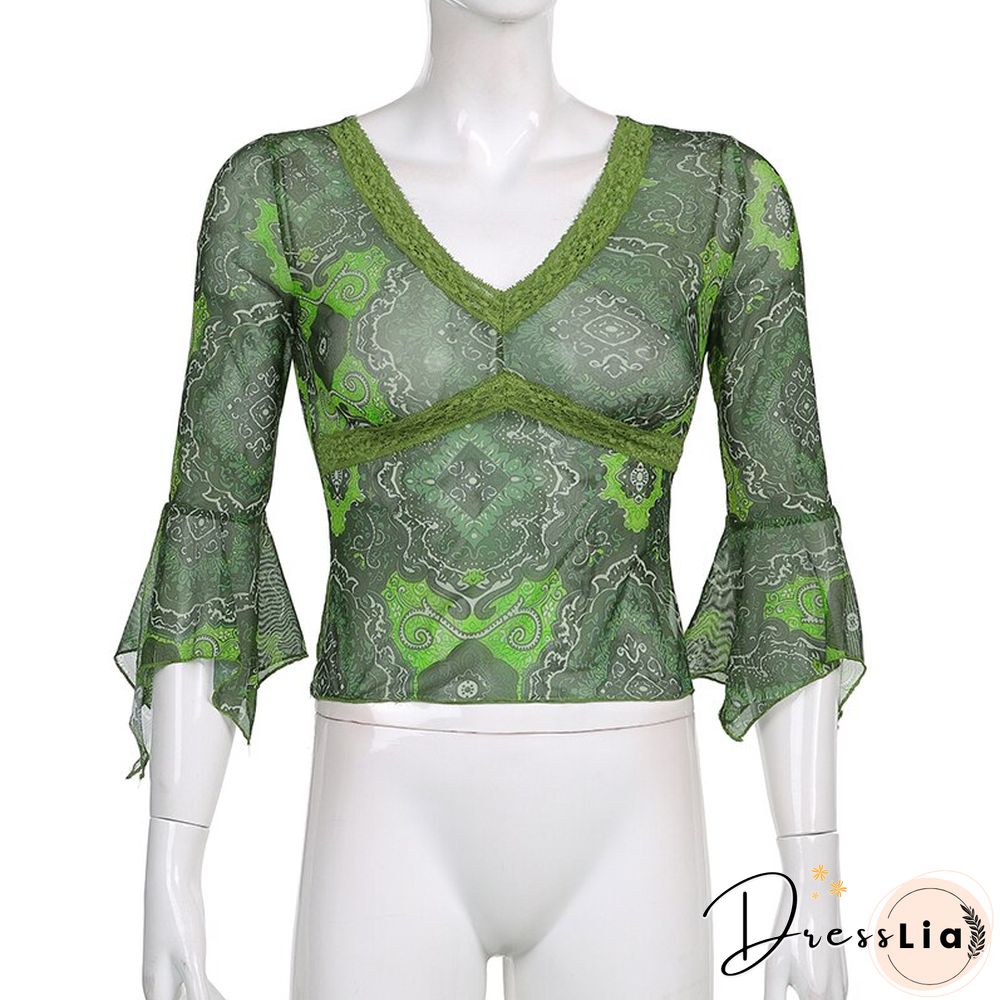 Autumn Lace Floral Mesh Tops Women Vintage Half Flare Sleeve Neck T-Shirts Female Elegant